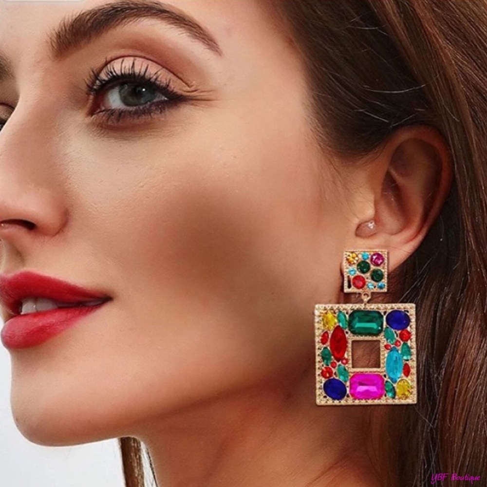 New Blue & Pink Multicolor Jewel Rhinestone Post Drop Statement Fashion Earrings - Picture 10 of 10